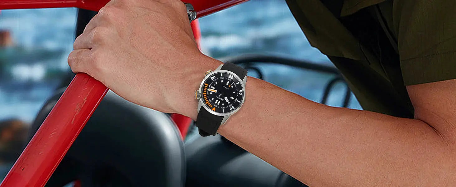 BERNY automatic dive watch for men, 20ATM, black dial with orange accents and rubber strap