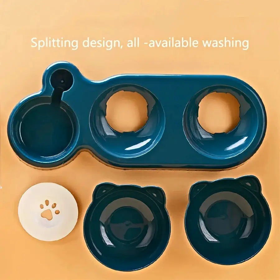 Simples Market teal pet bowls with water feeder; 3‑in‑1 ear-design tilted cat food and water bowls with gravity bottle