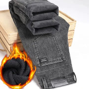 Winter Warm Jeans for men by Simples Market; slim straight elastic denim pants with plush lining, gray