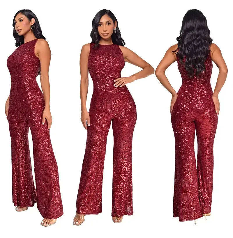 Sparkling red sequin sleeveless jumpsuit with high waist, fitted wide-leg pants by Simples Market; three views