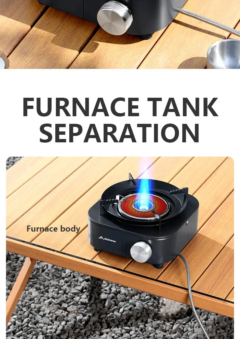 BISINNA 4000W portable infrared stove on table; black gas burner with silver control knob
