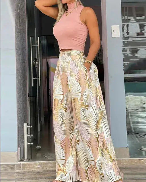 Summer Print Two Piece Set Women Sleeveless Tank Top Wide Leg Pants