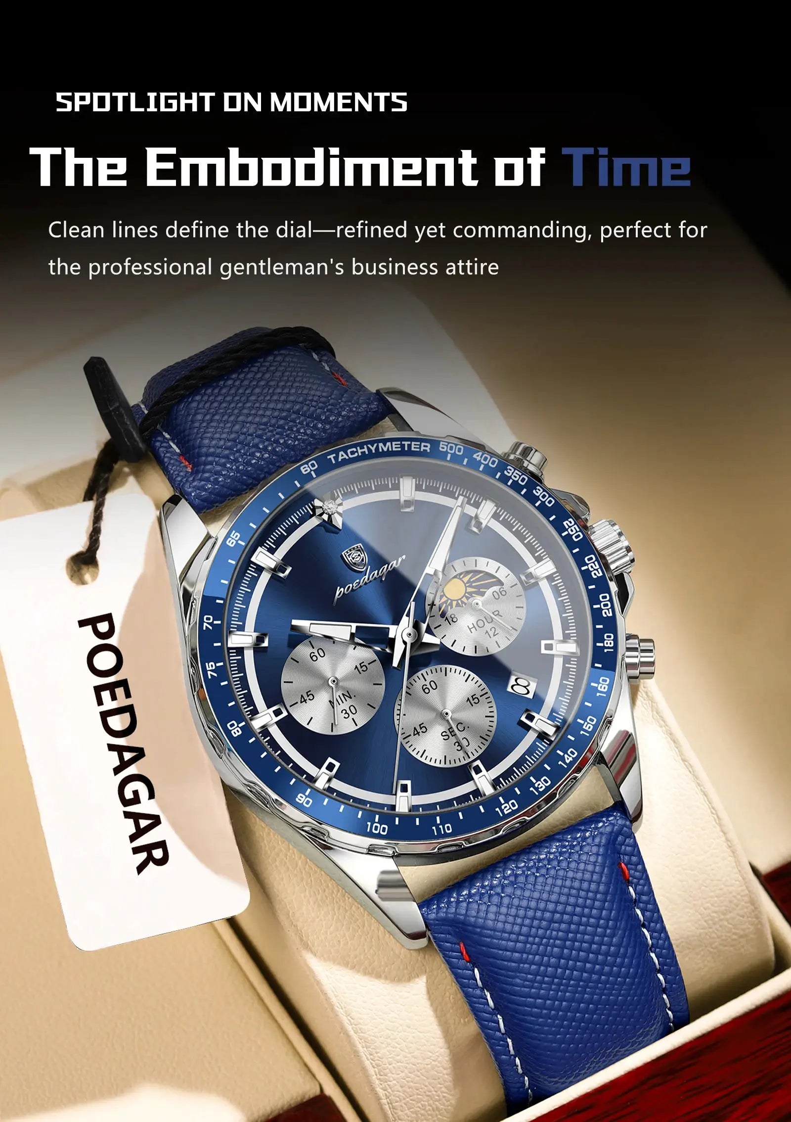 POEDAGAR men's blue chronograph wristwatch with tachymeter bezel and blue leather strap