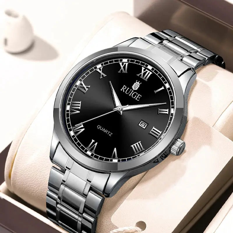 Ruige Mens Watch Minimalist Roman Dial Night Glow Water Resistant Stainless Steel Band