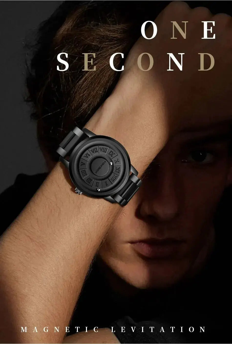 FOXBOX black metal men's watch with Roman numeral dial on wrist