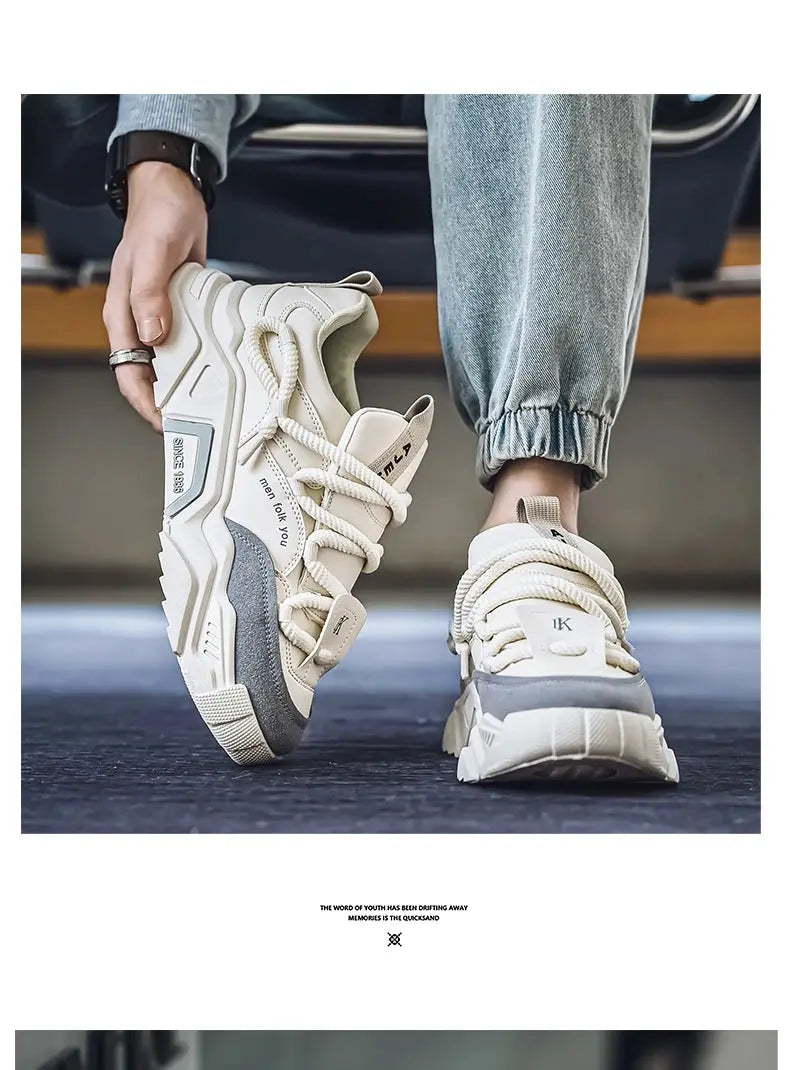 Simples Market men's casual sneakers, cream low-top chunky skate shoes with thick sole