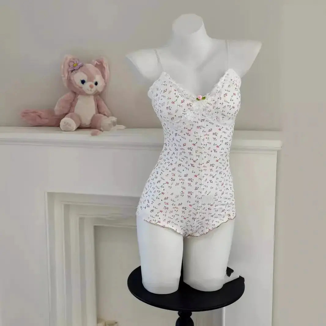 FloraLuxe Floral Print Sleeveless Bodysuit Lace Trim Slim Fit Leotard Romper For Summer Comfort