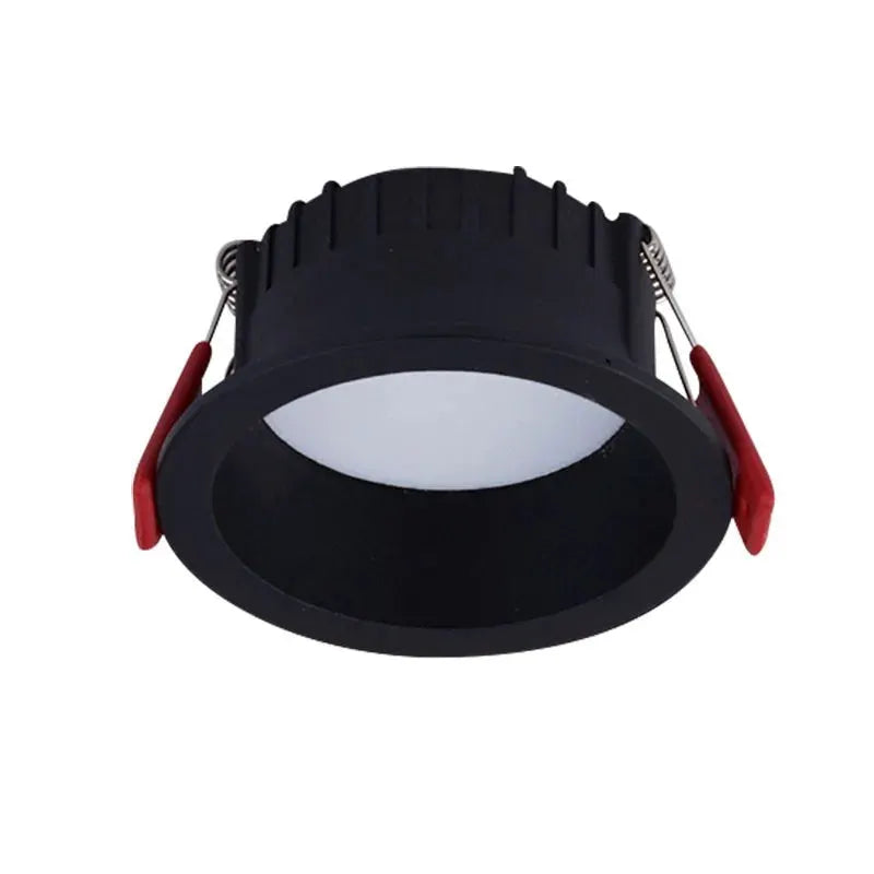 Round anti-glare LED recessed downlight with black housing, white diffuser, and visible red spring clips