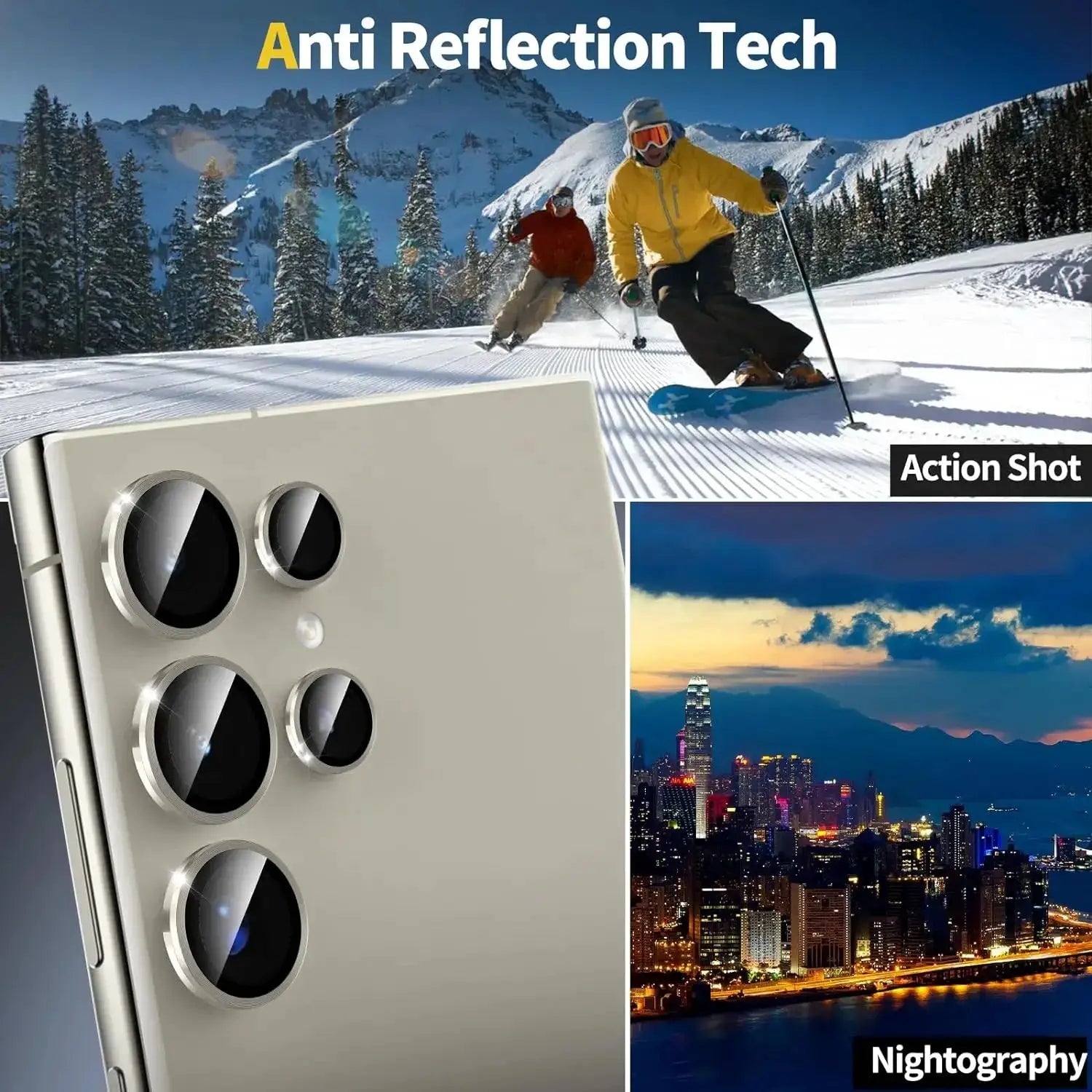 Samsung Galaxy camera lens ring back glass kit; four circular lens rings on a grey phone with action shot collage