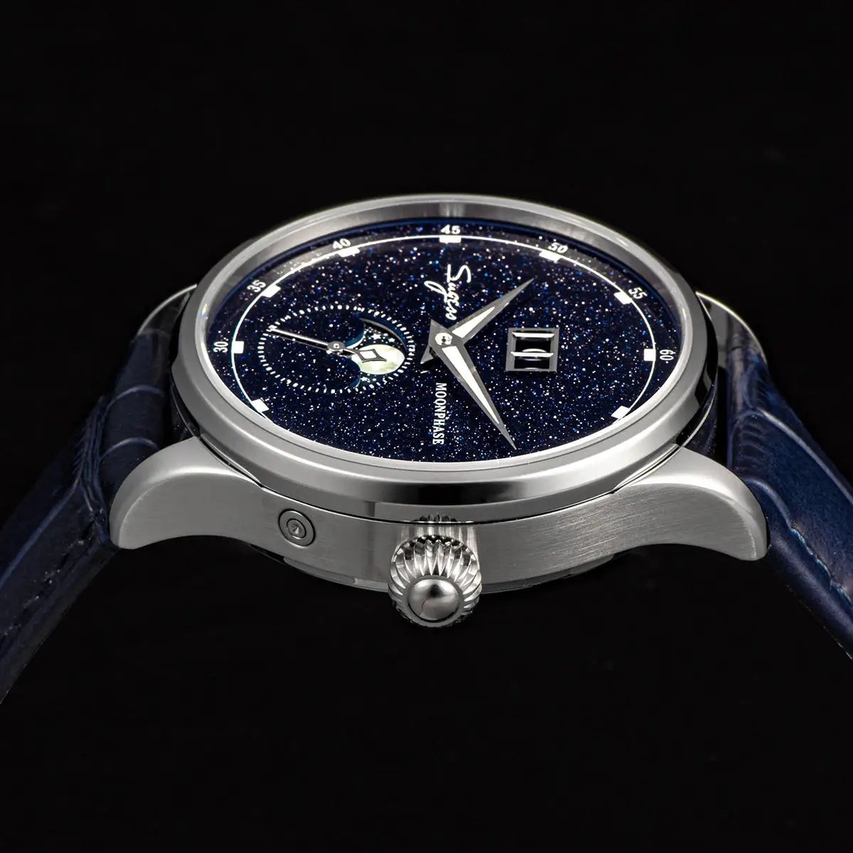 Sugess Moonphase men's 40mm automatic watch; stainless steel case, blue sandstone dial, Seagul ST2528 movement