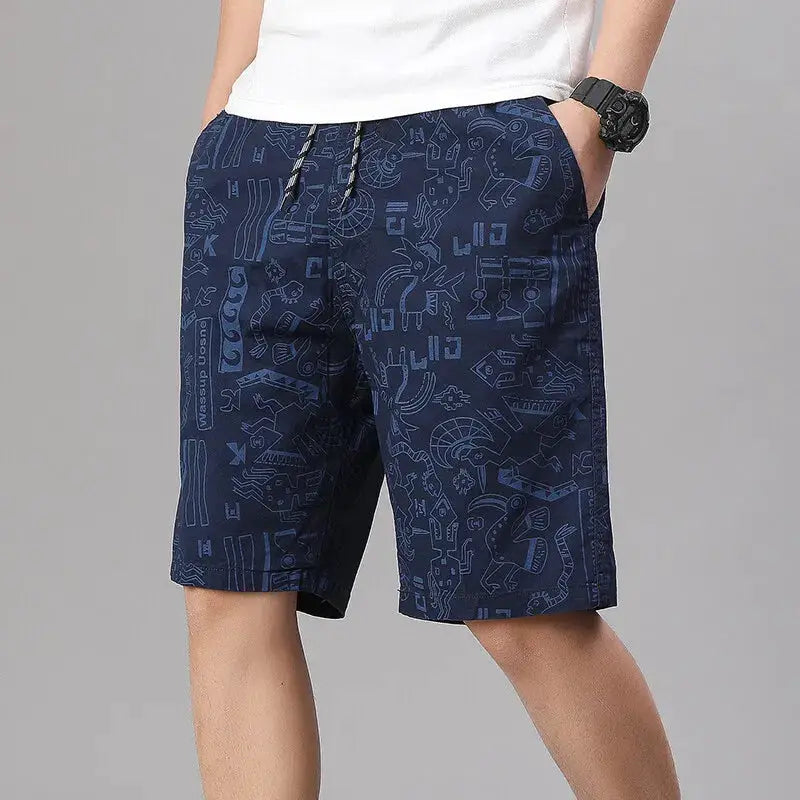 Mens navy printed knee-length 100% cotton shorts with elastic waist and drawstring