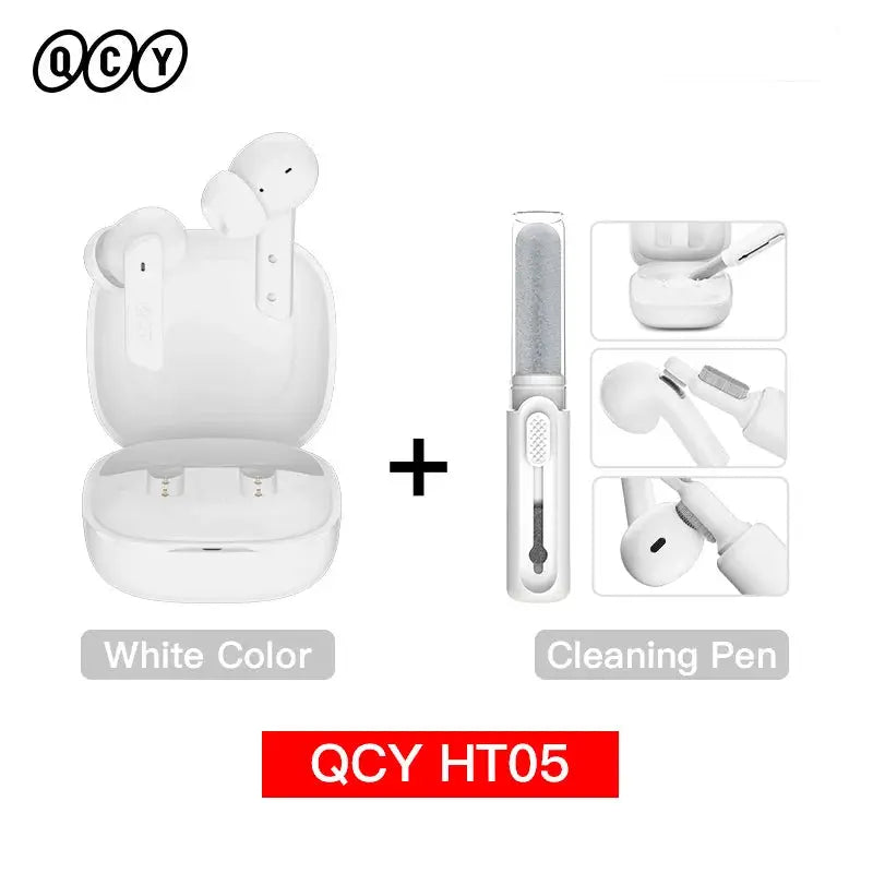 QCY HT05 ANC wireless earbuds with white charging case and cleaning pen kit