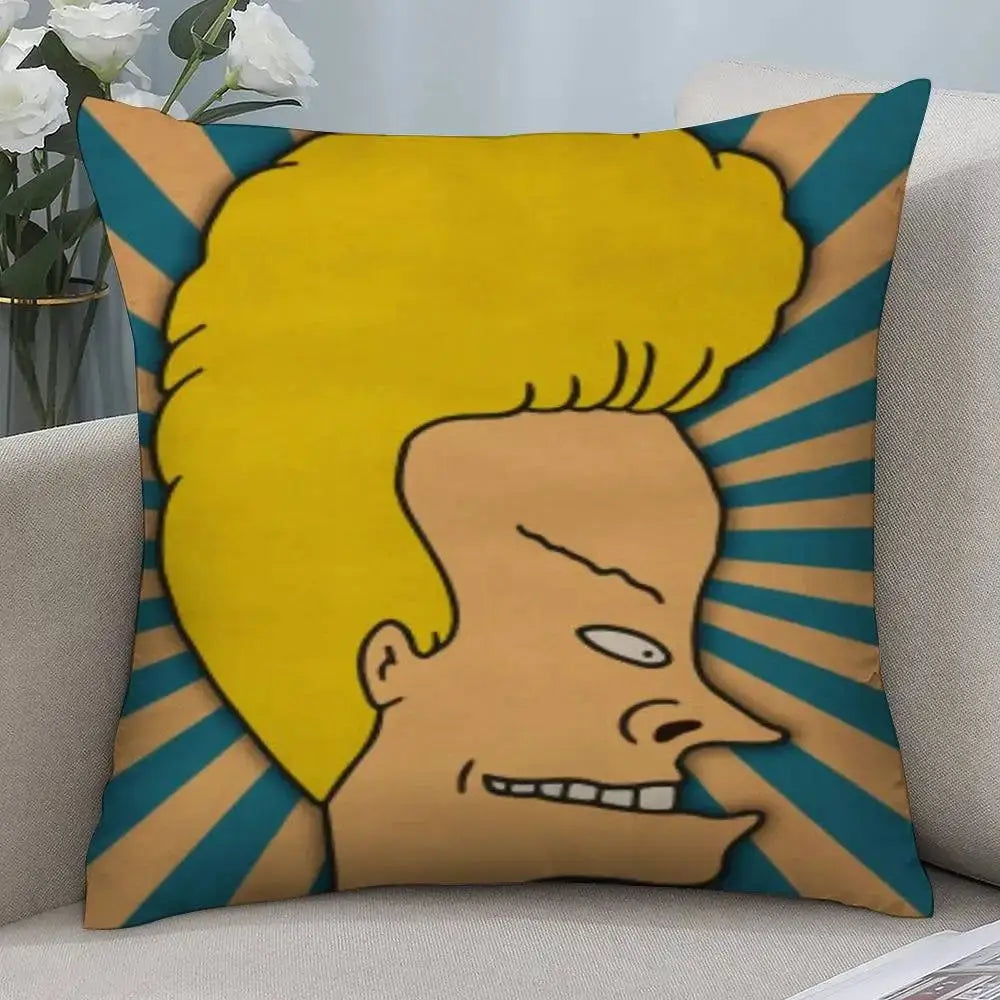 Simples Market Beavis and Butt-Head pillow cover, double-sided plush square throw cushion with yellow head on teal rays