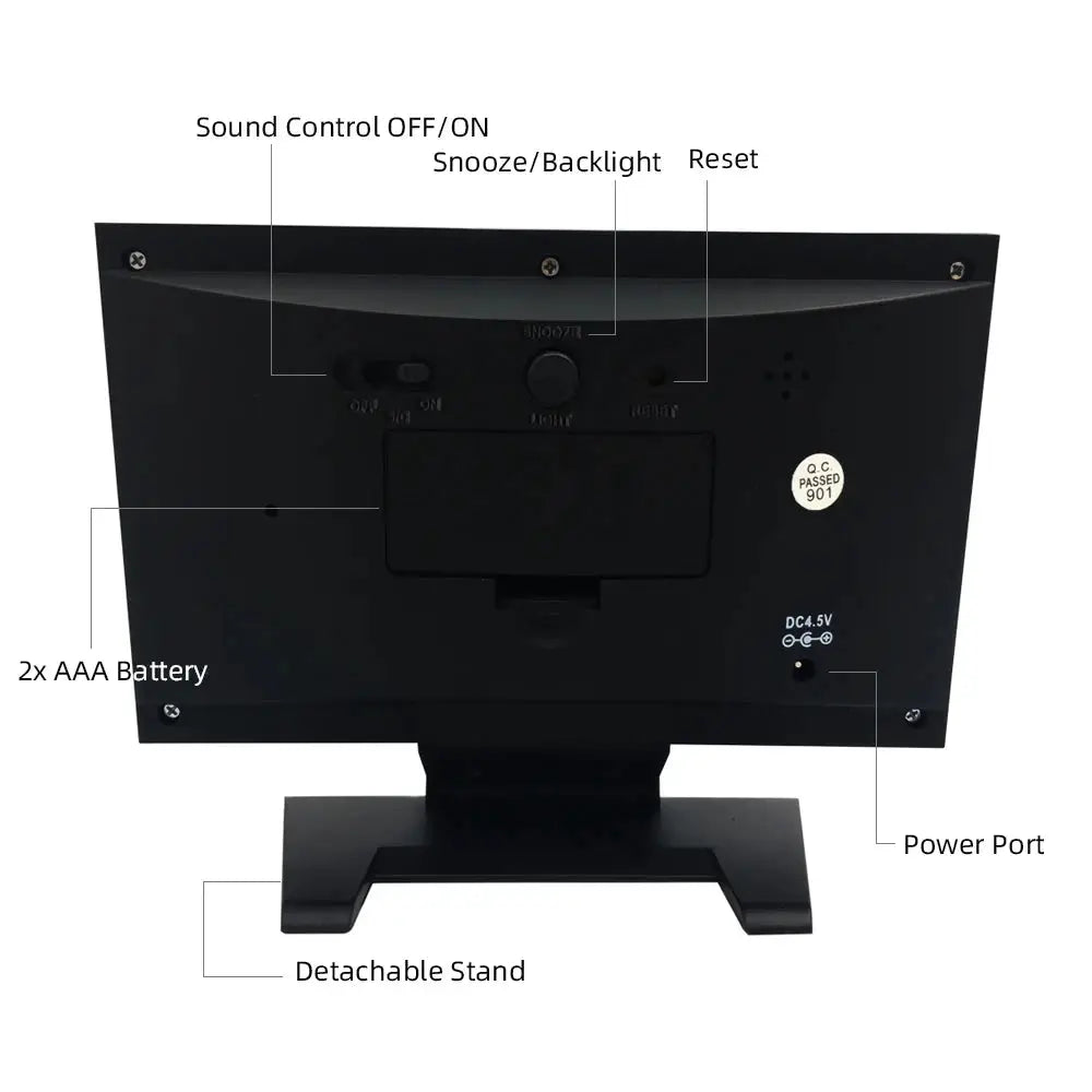 Simples Market digital LCD weather station clock, black back view with detachable stand and battery compartment (2x AAA)