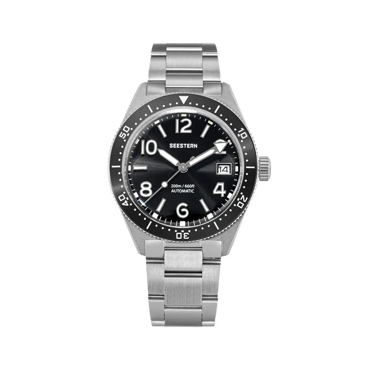 SEESTERN Diver Mens Watch; black dial with date window, rotating bezel, stainless steel bracelet, automatic movement