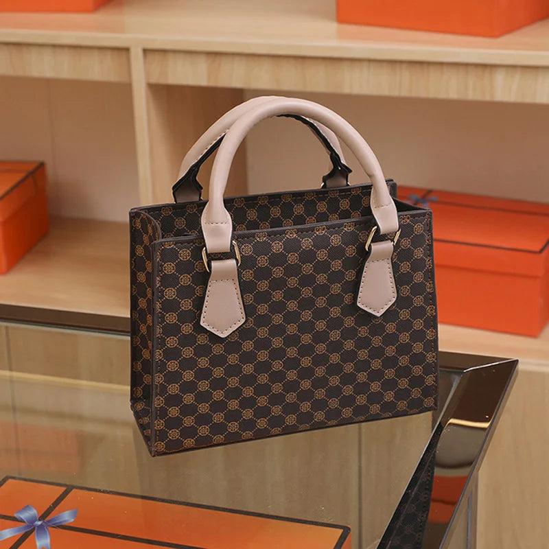 Simples Market small square top-handle handbag in brown plaid PU leather with beige handles