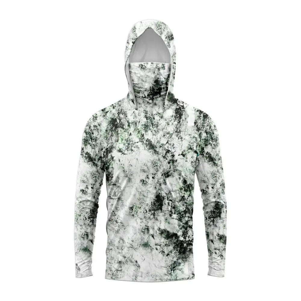 Men's hooded fishing shirt with UV protection, long sleeves, green white camouflage pattern, Simples Market.