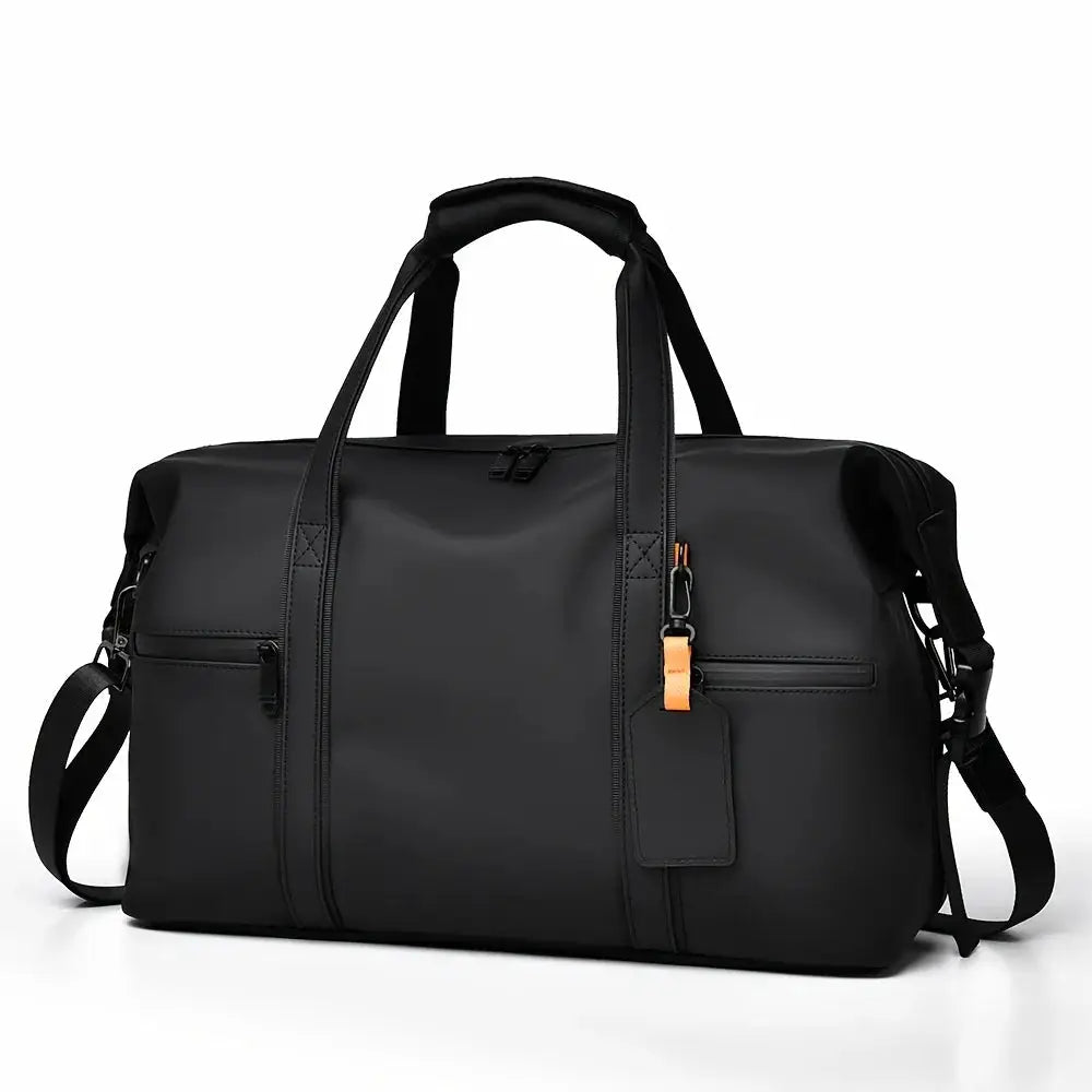 Large Capacity Travel Bag by Simples Market, black duffel with top handles, shoulder strap, orange zipper pull