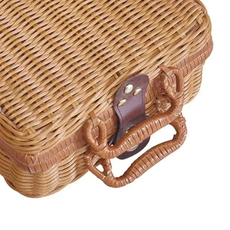 Rattan-like finishing box woven basket with leather handle, Simples Market retro storage decorative prop