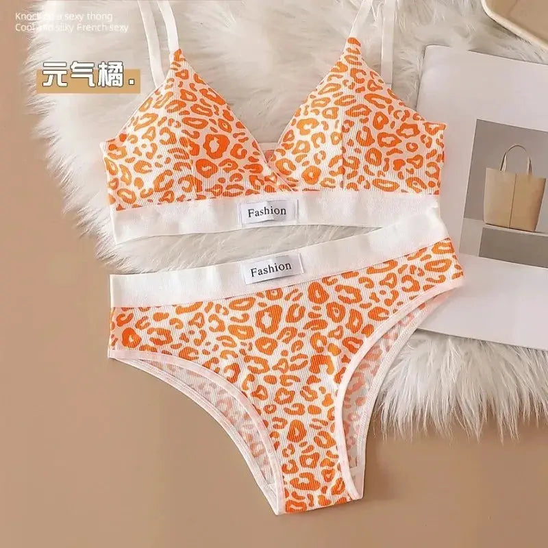 2025 Summer Leopard Print Traceless Steel Rim Bra And Brief Set With Adjustable Shoulder Straps For Women