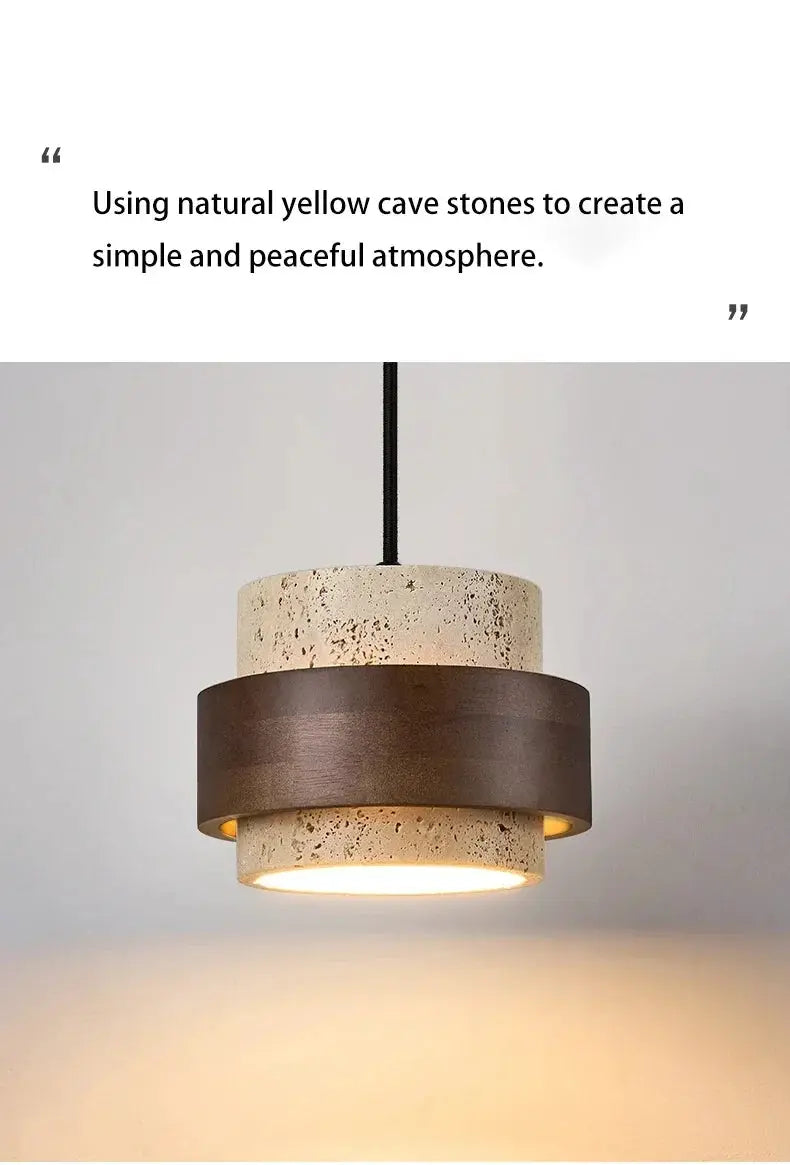 LED pendant lamp with speckled stone body and dark walnut wood ring