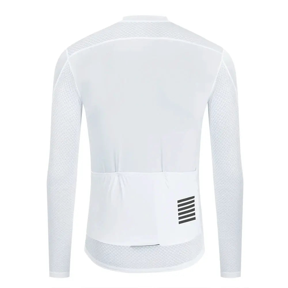 YKYWBIKE men's white long-sleeve cycling jersey with mesh panels and back pockets