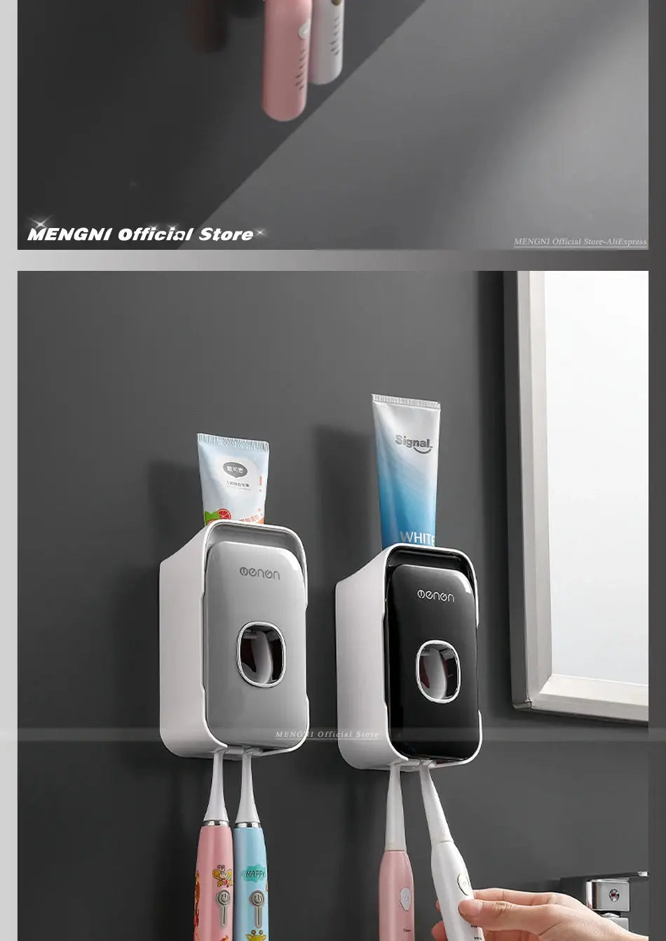 MENGNI wall-mounted toothpaste dispenser with punch-free toothbrush holder; two units in gray and black.