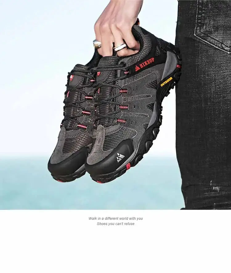 HIKEUP hiking shoes, suede leather outdoor sneakers, black/gray with red accents, pair