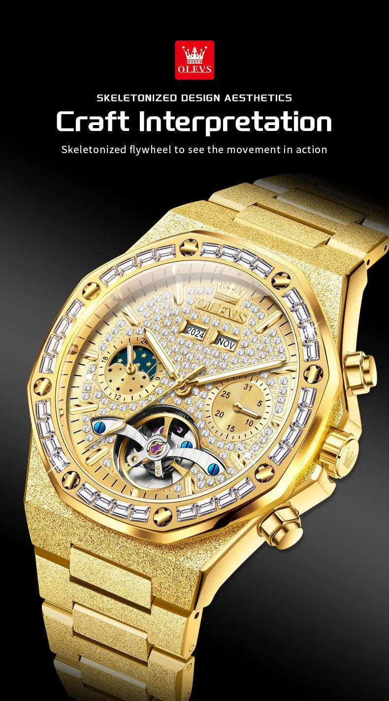 OLEVS gold steel men's skeleton tourbillon luxury watch with diamond-studded bezel