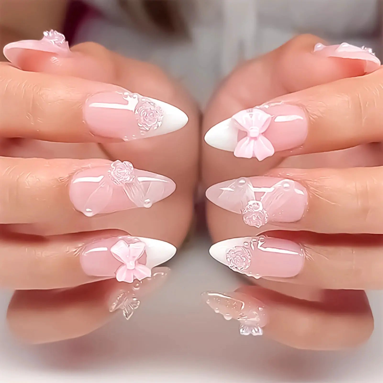 LuxeNail Blush Pink False Nails Bowknot Diamond Pearl Design Press On Nail Tips Harmless Smooth Edge Safe DIY Mani