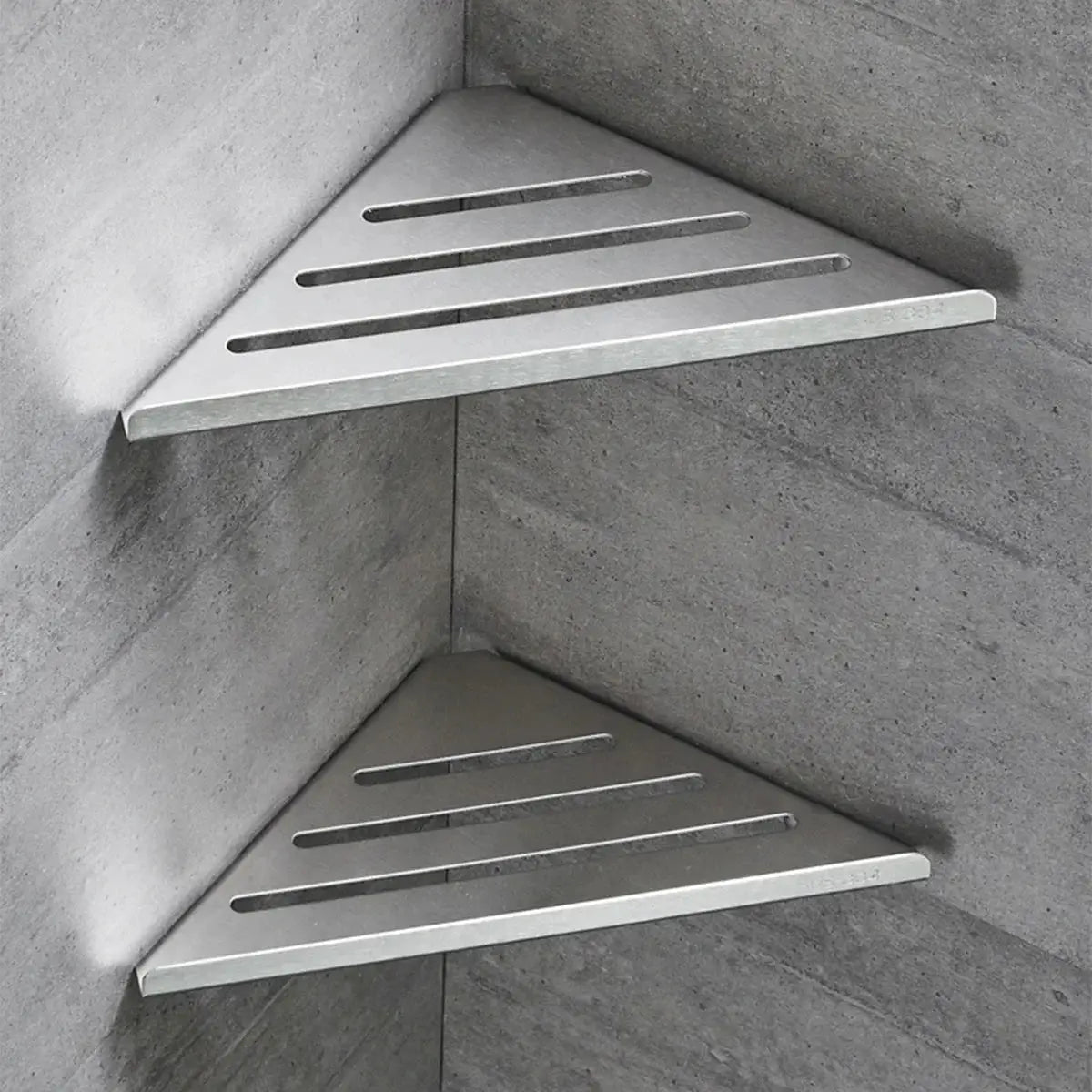 Stainless steel corner shower shelf set from Simples Market; two hollow triangular shelves for no-drill bathroom storage.