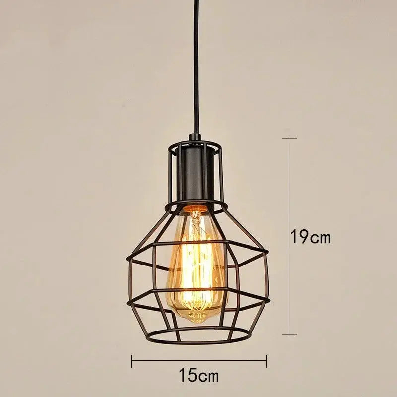 Industrial retro iron pendant light with black wire cage and Edison bulb, 15cm wide by 19cm high.