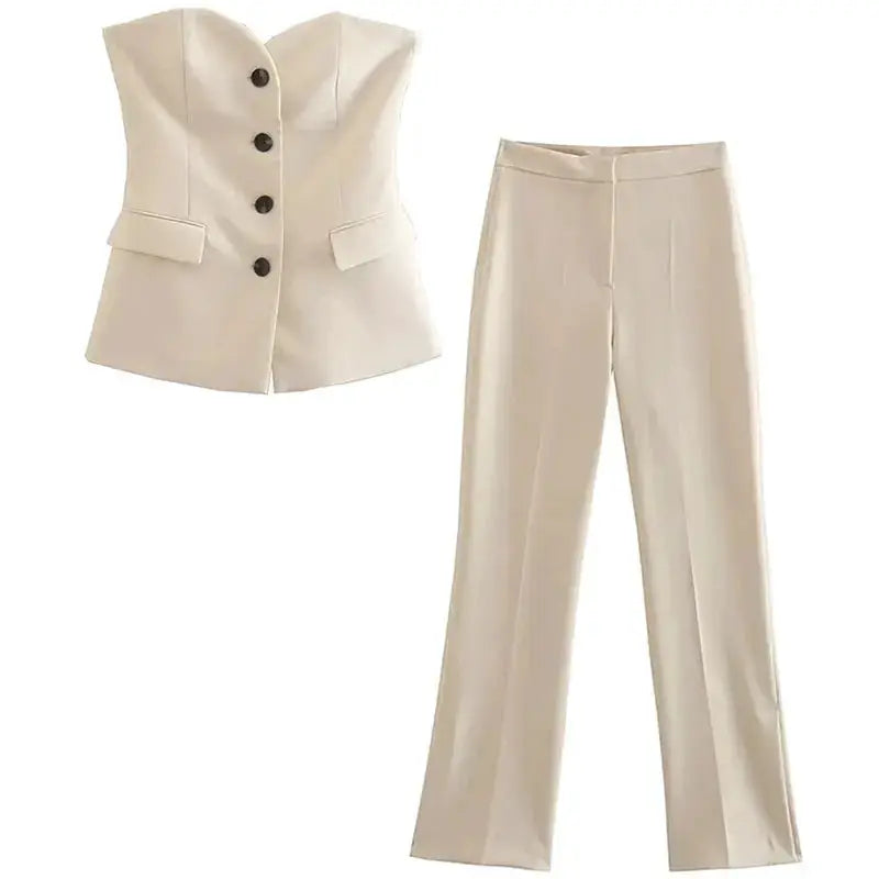 Women Elegant Strapless Tank Top Pant Suit With Side Slit Trousers