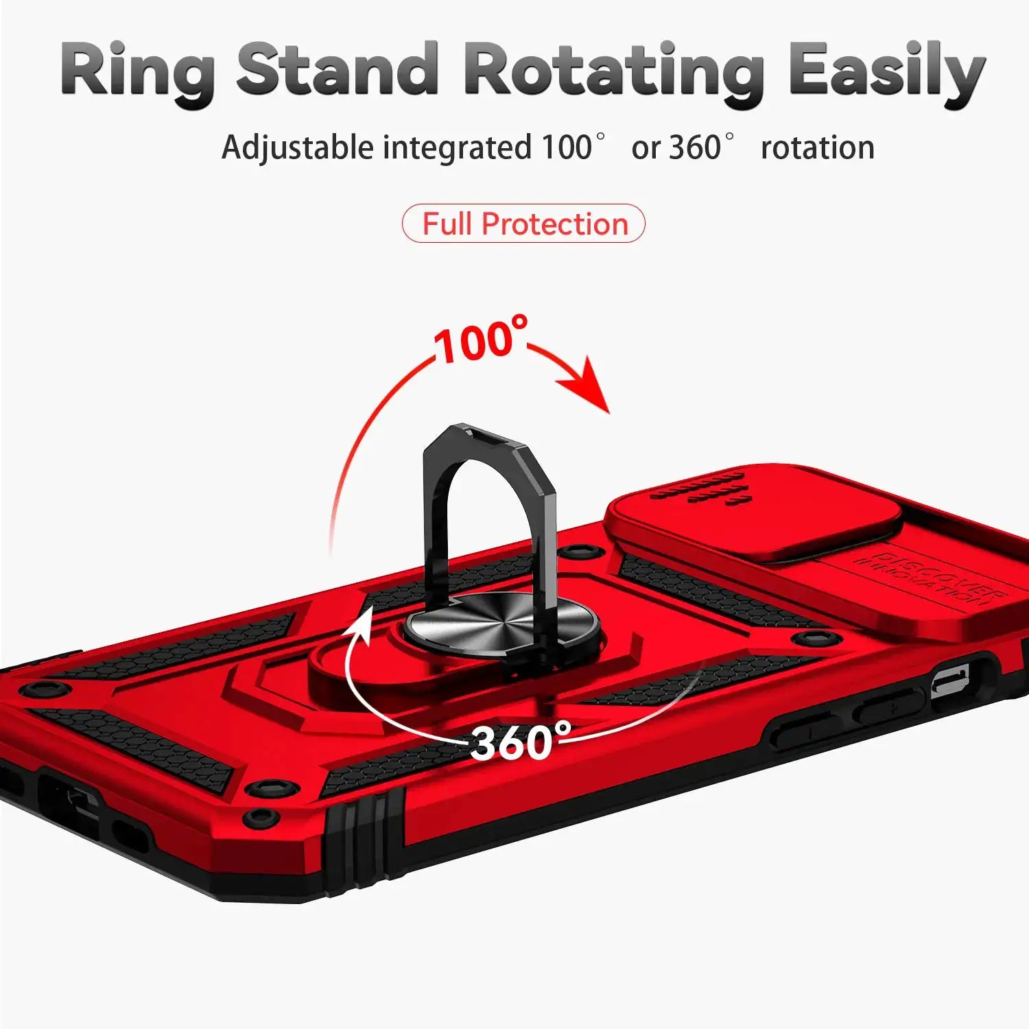 Armor shockproof red iPhone case with magnetic ring stand, 360° rotation.