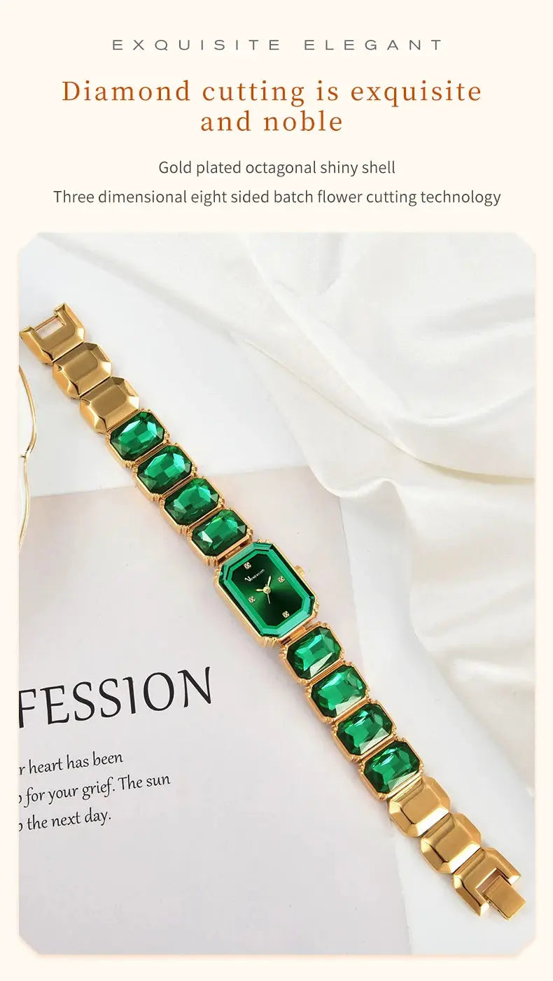 Women square watch with emerald-green gemstone links on a rose-gold stainless steel bracelet