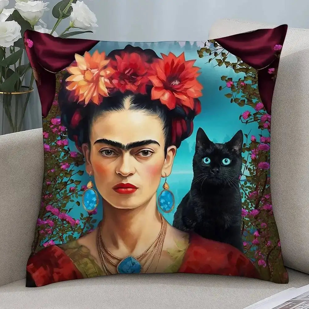 Frida Kahlo pillow cover by Simples Market; double-sided print with vibrant flowers and black cat on turquoise backdrop