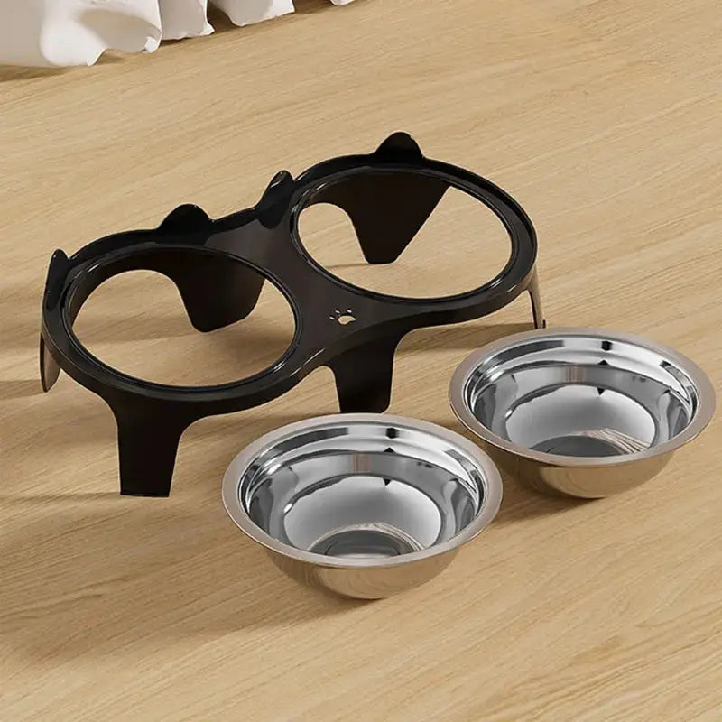 Stainless steel pet feeding bowls with anti-tip elevated stand, two bowls