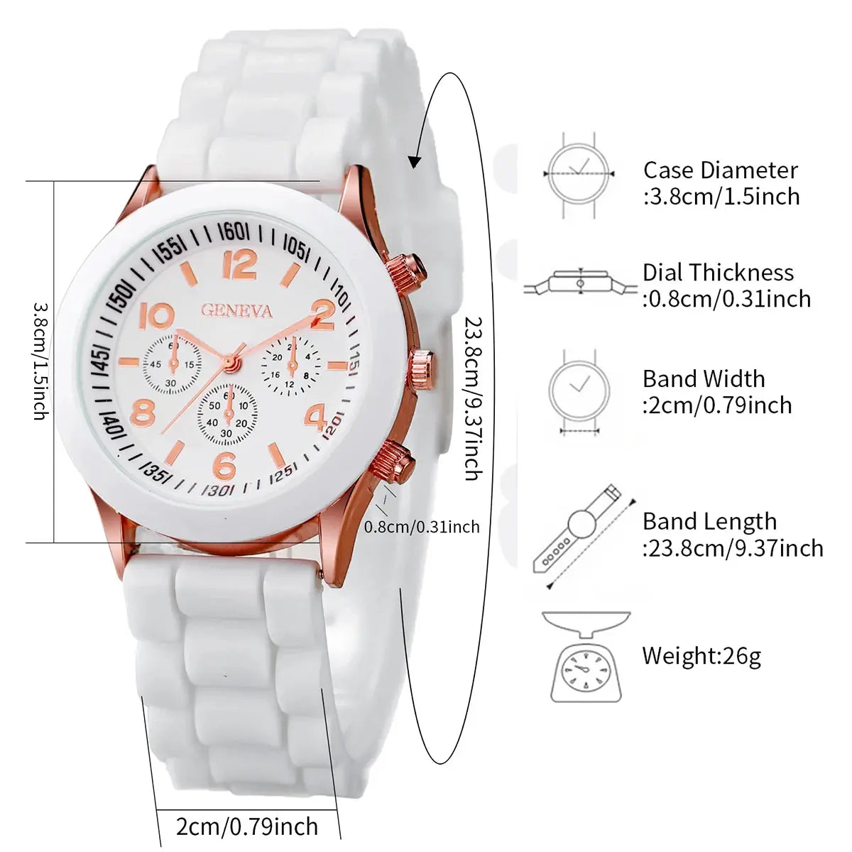 Geneva 4-piece watch set with white silicone bands, rose-gold case, and quartz dial