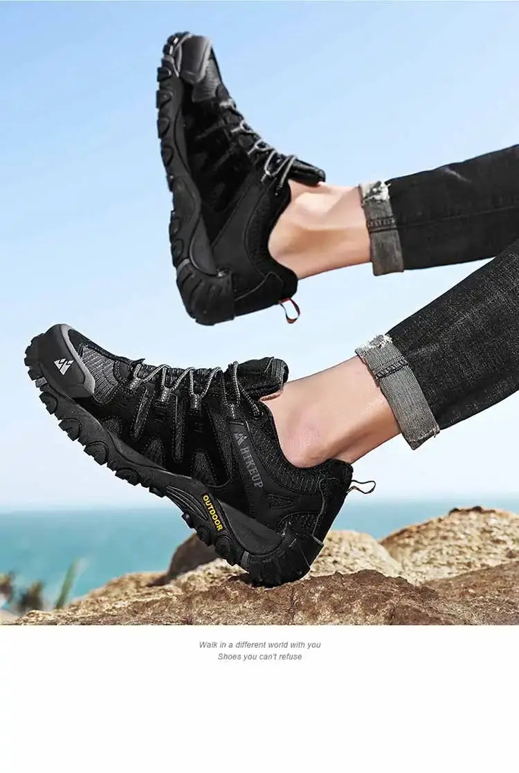 Pair of HIKEUP men's hiking shoes by Simples Market, black suede leather trekking sneakers with rugged outsole