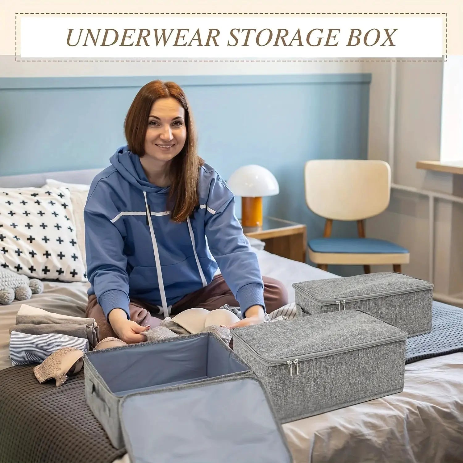 Stackable foldable gray fabric storage boxes with lids and handles