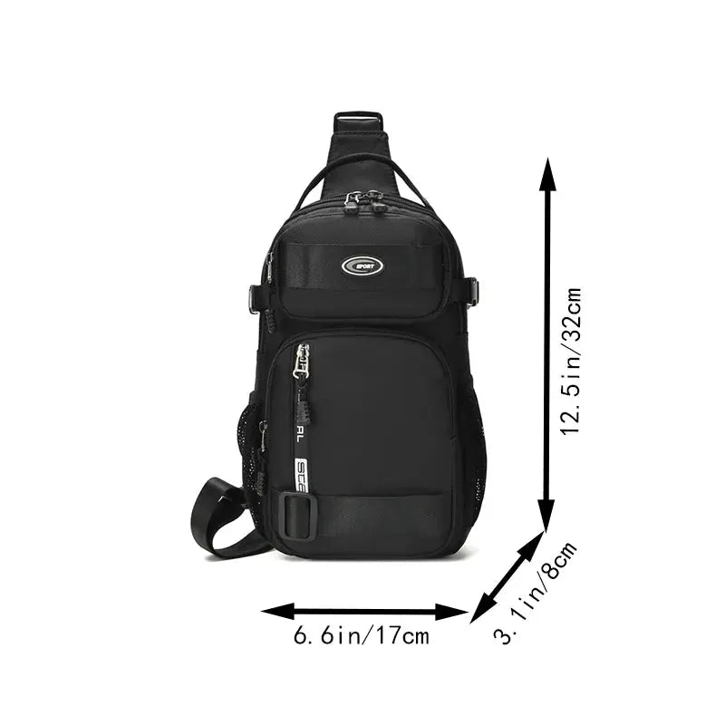 Lightweight men's crossbody bag with adjustable strap, showcasing dimensions 12.5x6.6x3.1 inches for urban living.