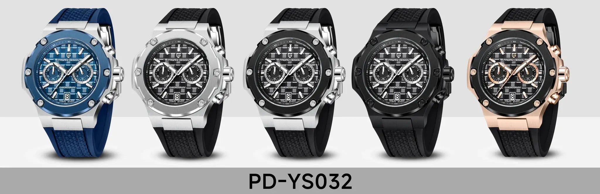 PAGANI DESIGN men's VK64 chronograph watches with fluororubber straps in blue, silver, black, black, rose gold (5).