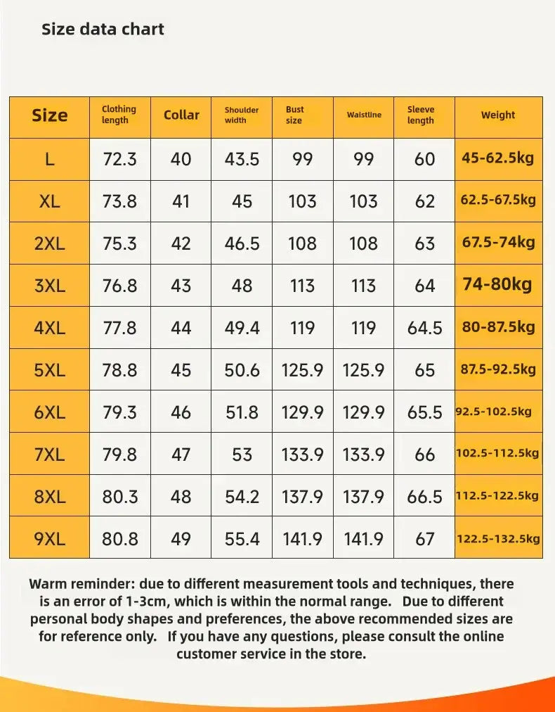 Men's thickened warm long-sleeve fleece top size chart showing L–9XL with body measurements and weight ranges.