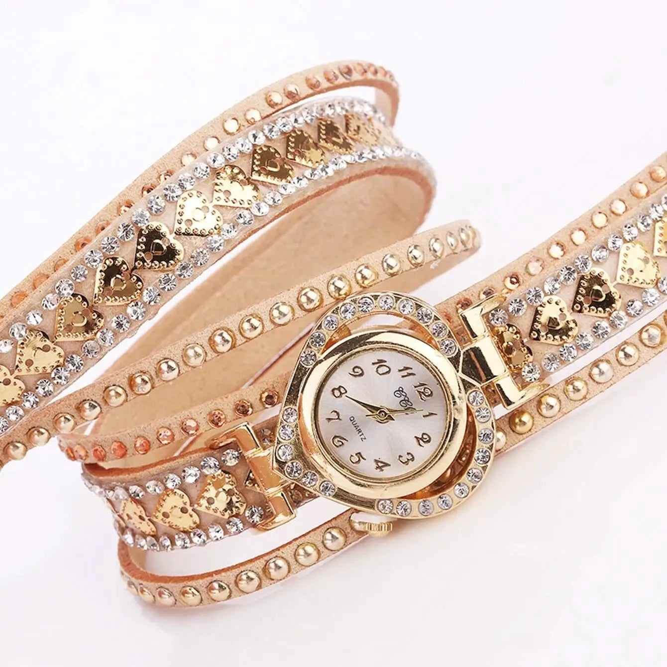 Fashion Rhinestone Heart Dial Women's Watch with rose gold case and long velvet wrap band