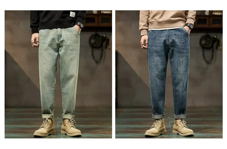 Men's loose denim harem pants by Simples Market in olive green and blue with rolled cuffs (2 pairs)