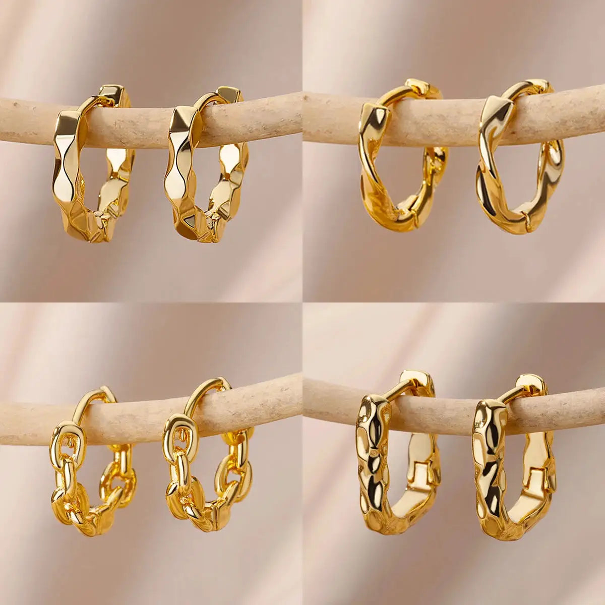 Gold-tone stainless steel hoop earrings set of 4 with textured and chain-link designs