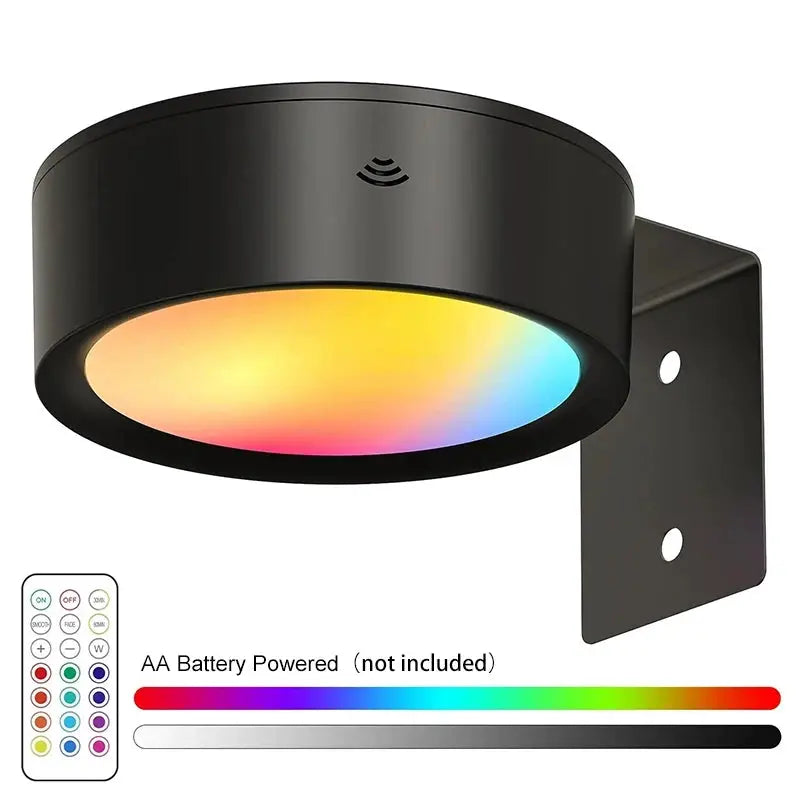 LED Wall Picture Light, black circular RGB 13-color dimmable spotlight mounted on a wall bracket with remote; battery powered (not included)