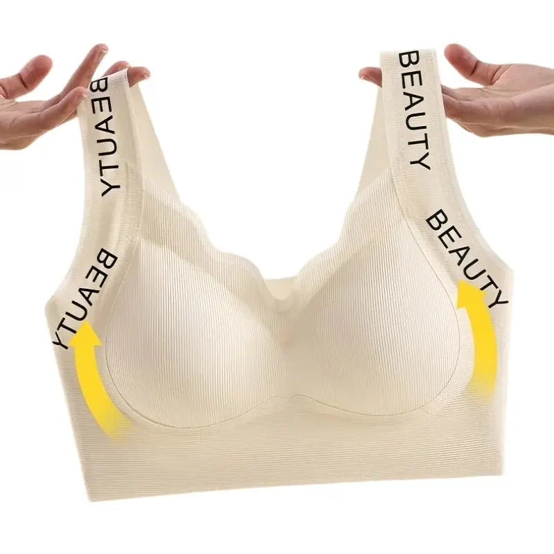 Ribbed wireless push-up bra by Simples Market, nude seamless plus-size with wide straps