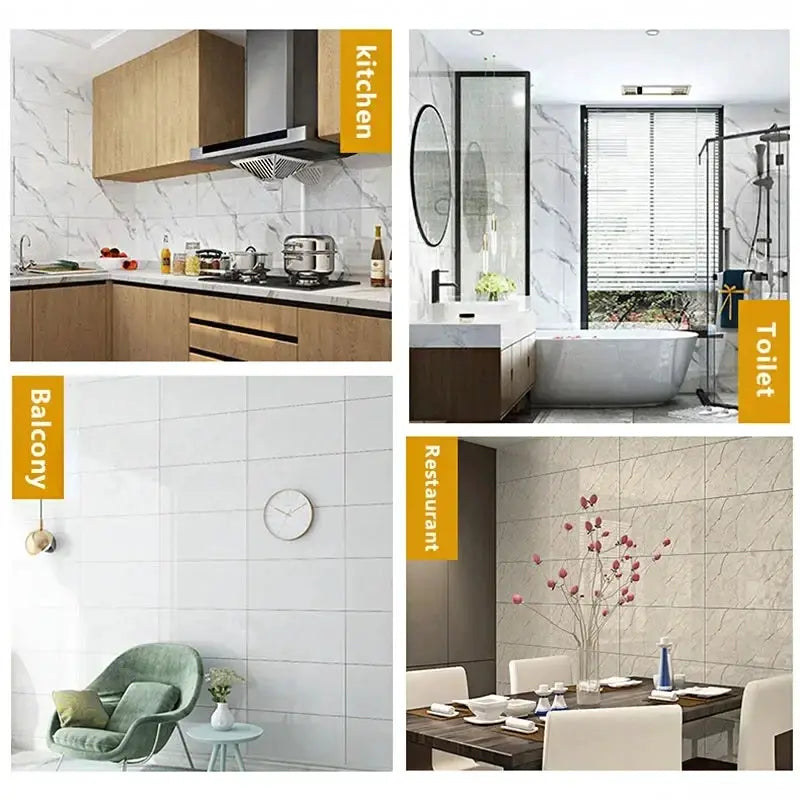 Imitation Tile 3D Wall Stickers set; marble white panels for kitchen, toilet, balcony and restaurant; self-adhesive and waterproof.