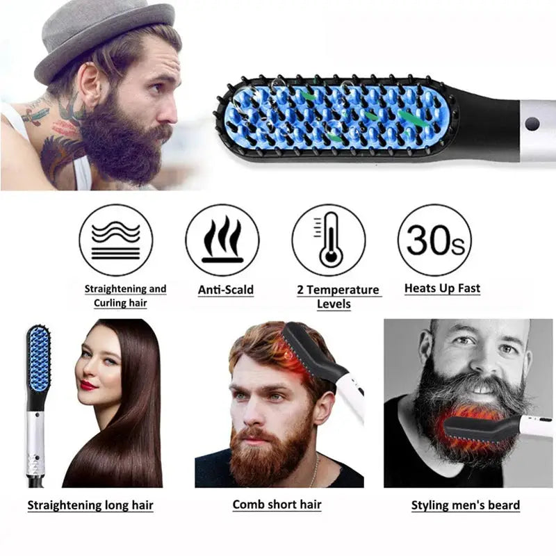 Simples Market hot comb straightener with blue bristle head; electric negative-ion beard and hair styling brush.